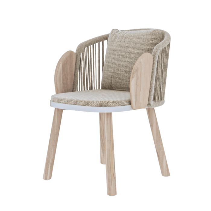 Gövde: Premium sınıf teak ahşap (FSC sertifikalı sürdürülebilir ormanlardan) Arkalık: Doğal denizci halatı, hava koşullarına özel dayanıklı işlem görmüş Oturma Yüzeyi: Yüksek yoğunluklu, UV korumalı, suya dayanıklı kumaş kaplama Bağlantı Noktaları: Paslanmaz çelik bağlantı elemanları Ayaklar: Kaymaz taban koruyucular ile donatılmış teak ahşap Yüzey İşlemi: Özel dış mekan koruyucu yağ ile işlenmiş, UV dirençli Taşıma Kapasitesi: 150 kg Sürdürülebilirlik: Çevre dostu üretim süreci, 100% geri dönüştürülebilir malzemeler