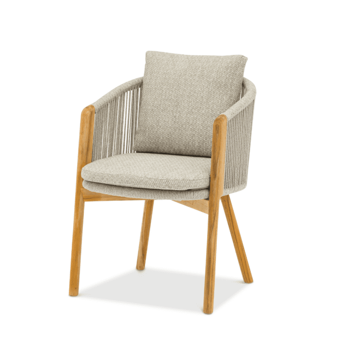 Sky Haven modern outdoor chair - natural wood legs, rope detailed back and armrest design, padded seat