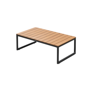 haven coffee table, outdoor coffee table with teak top, black aluminum garden coffee table