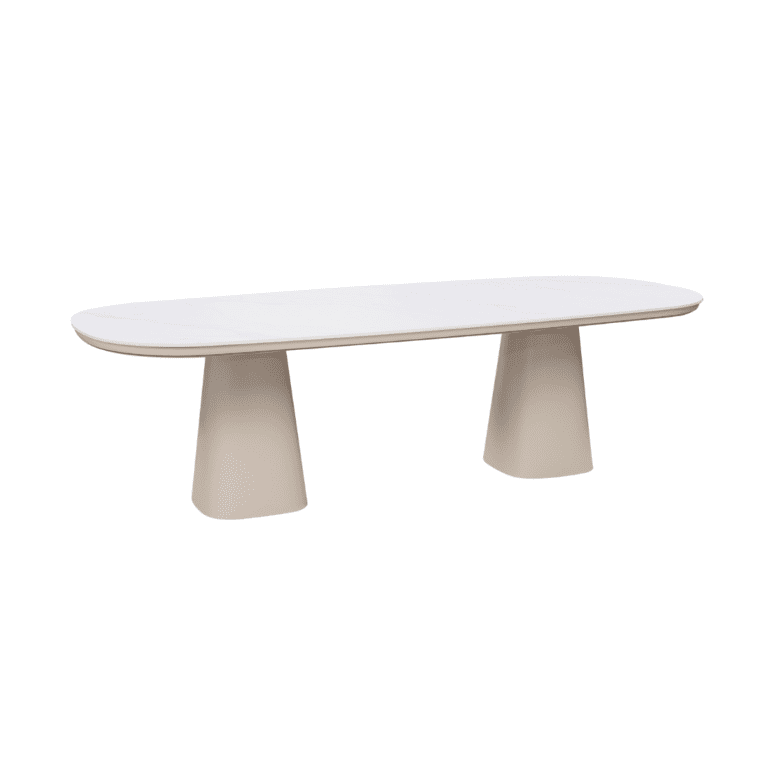 Marrakech Yemek Masası – modern oval krem dış mekan bahçe masası, Zebrano Outdoor