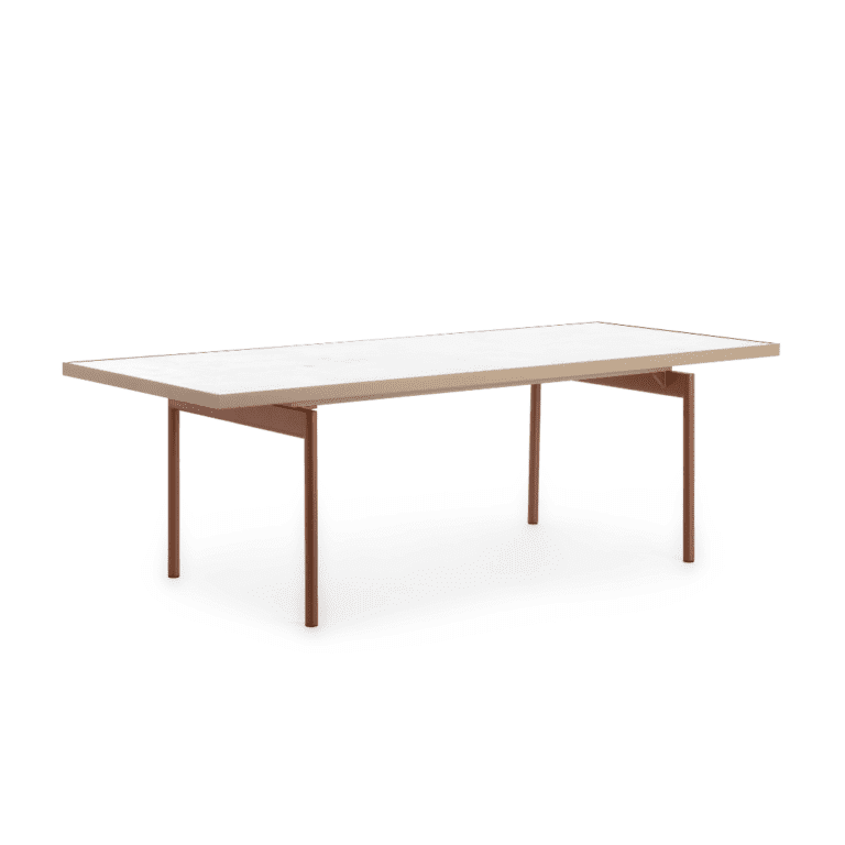 Zebrano Onde Dining Table - rectangular table with modern metal legs for outdoor, natural color top