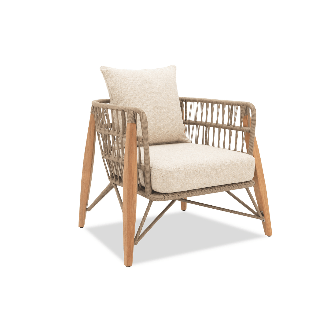 Pimlico Tekli Koltuk – El işçiliği ip örgülü dış mekan koltuk, ahşap ayaklı konforlu tasarım