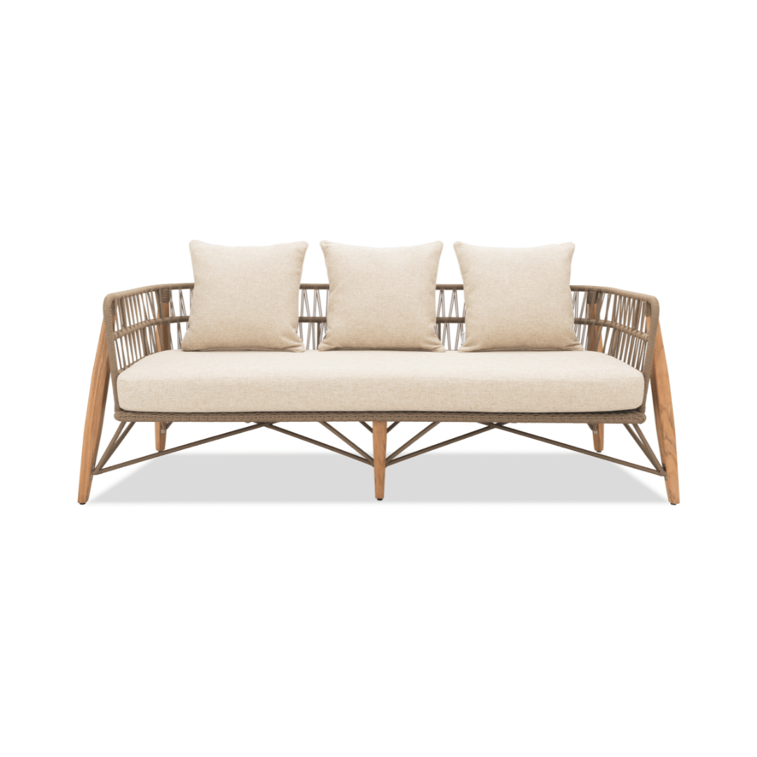 Pimlico Üçlü Koltuk – Ahşap ayaklı, ip örgülü sırt yapılı dış mekan koltuk