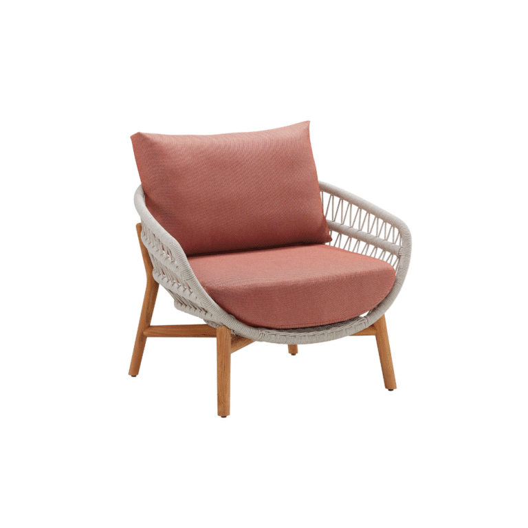 vasca single armchair, outdoor armchair with mesh backrest, garden armchair with light pink teak legs