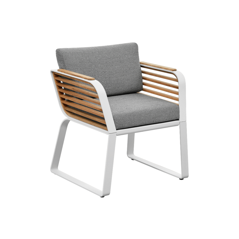 wing outdoor chair, teak detailed modern chair, zebrano outdoor chair with armrests, white aluminum frame chair