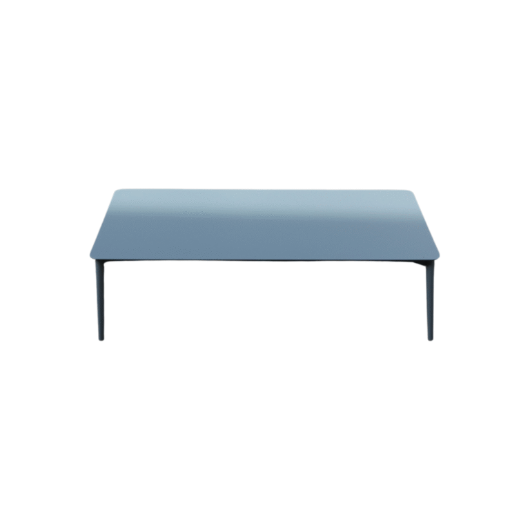 Plum Blossom Center Coffee Table Zebrano Outdoor Modern Garden Furniture with Black Metal Legs and Navy Blue Top