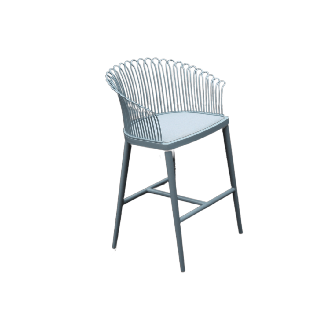 Plum Bar Chair Zebrano Outdoor Blue Metal Frame Vertical Rope Mesh Back Detail Modern Garden Furniture with Gray Cushions
