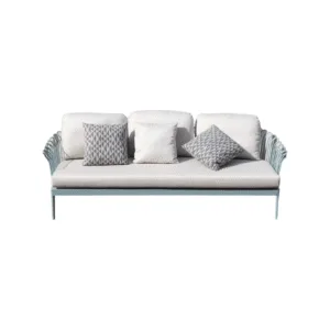 Plum Blossom Üçlü Koltuk Zebrano Outdoor Mavi Metal Çerçeveli İp Örgü Detaylı Gri Minderli Modern Bahçe Mobilyası