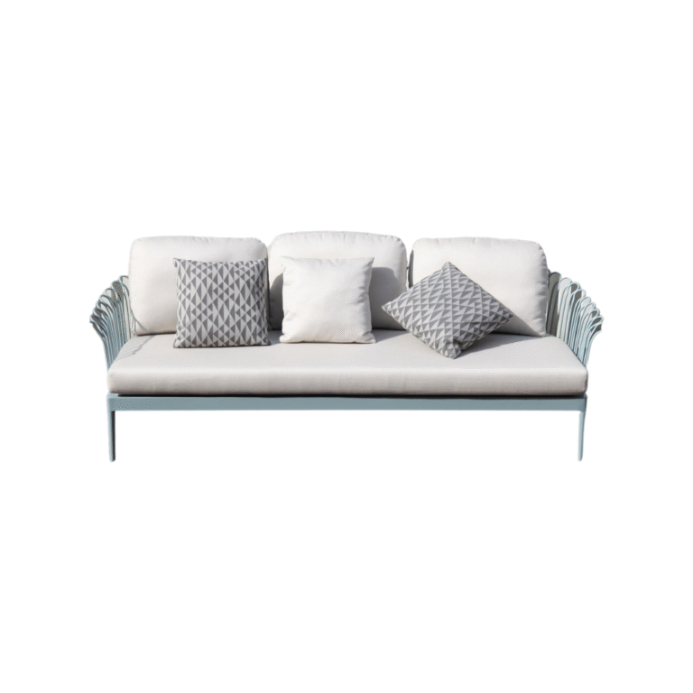 Plum Blossom Triple Armchair Zebrano Outdoor Blue Metal Framed Modern Garden Furniture with Rope Weave Detailed Gray Cushions