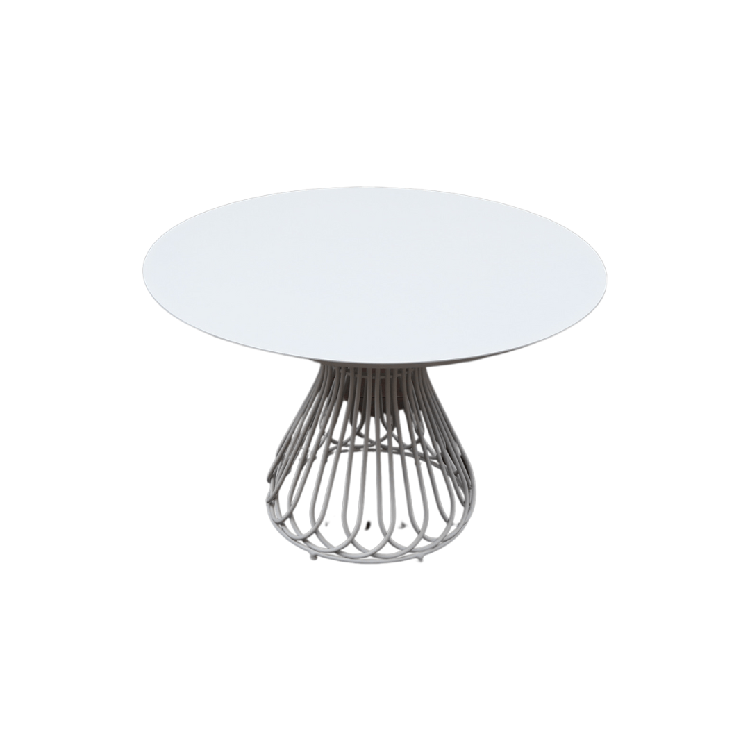 Petal Masa Zebrano Outdoor Beyaz Yuvarlak Tablalı Metal Çiçek Sepeti Ayaklı Modern Bahçe Mobilyası