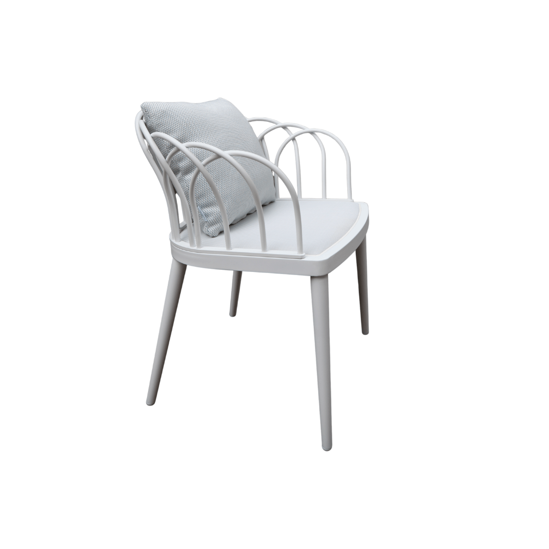 Petal Sandalye Zebrano Outdoor Beyaz Metal Çerçeveli Çiçek Motifli Sırt Detaylı Gri Minderli Modern Bahçe Mobilyası