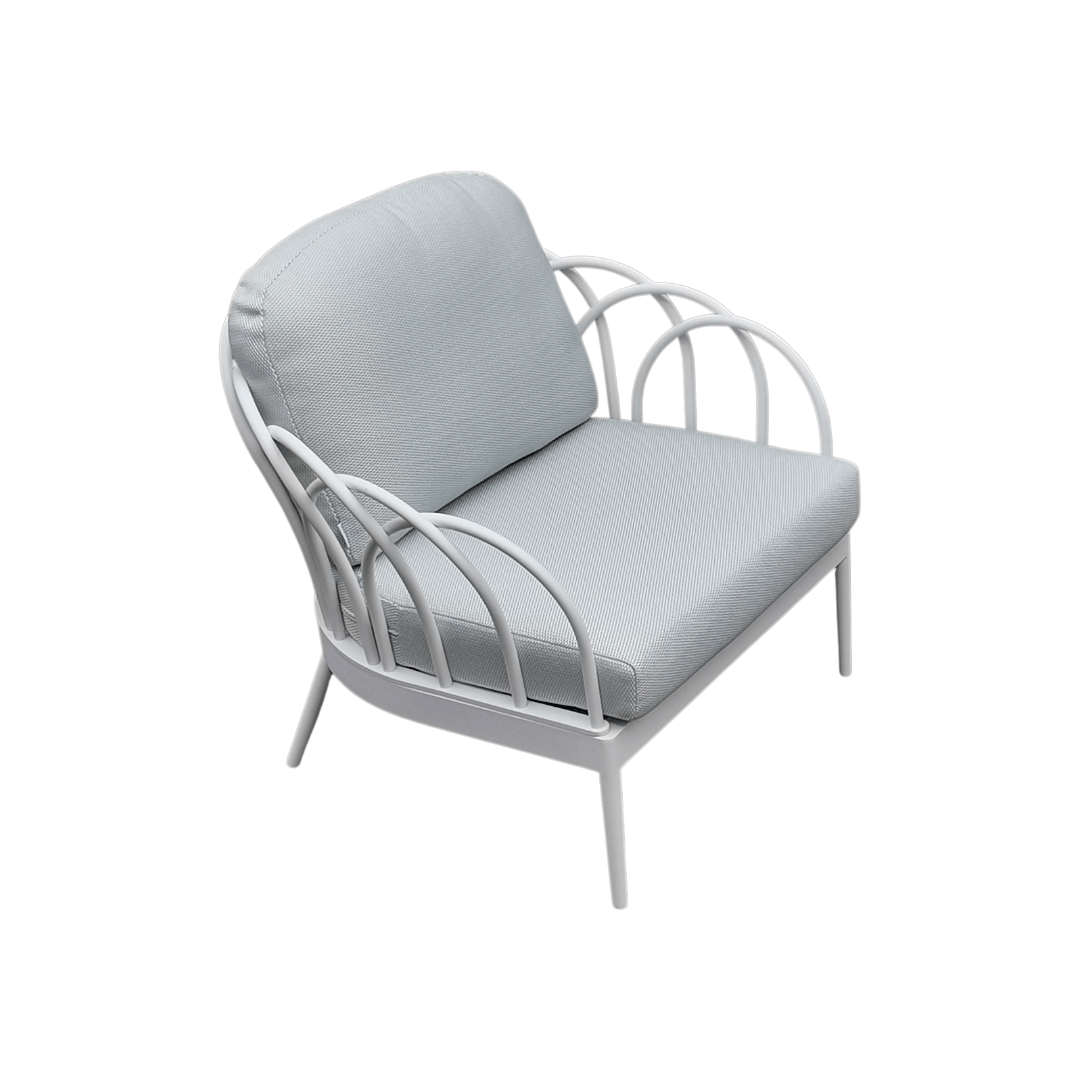 Petal Tekli Koltuk Zebrano Outdoor Beyaz Metal Çiçek Motifli Çerçeveli Açık Mavi Minderli Modern Bahçe Mobilyası