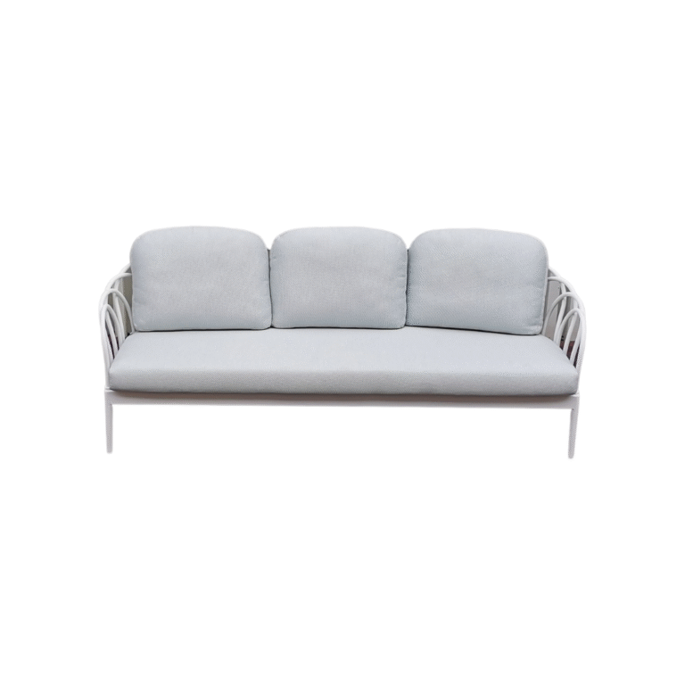 Petal Üçlü Koltuk Zebrano Outdoor Beyaz Metal Çiçek Motifli Çerçeveli Açık Gri Minderli Modern Bahçe Mobilyası