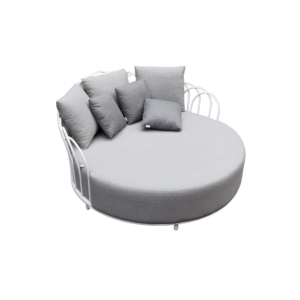 Petal Recliner Chair Zebrano Outdoor White Metal Flower Motif Framed Round Modern Garden Furniture with Gray Cushions
