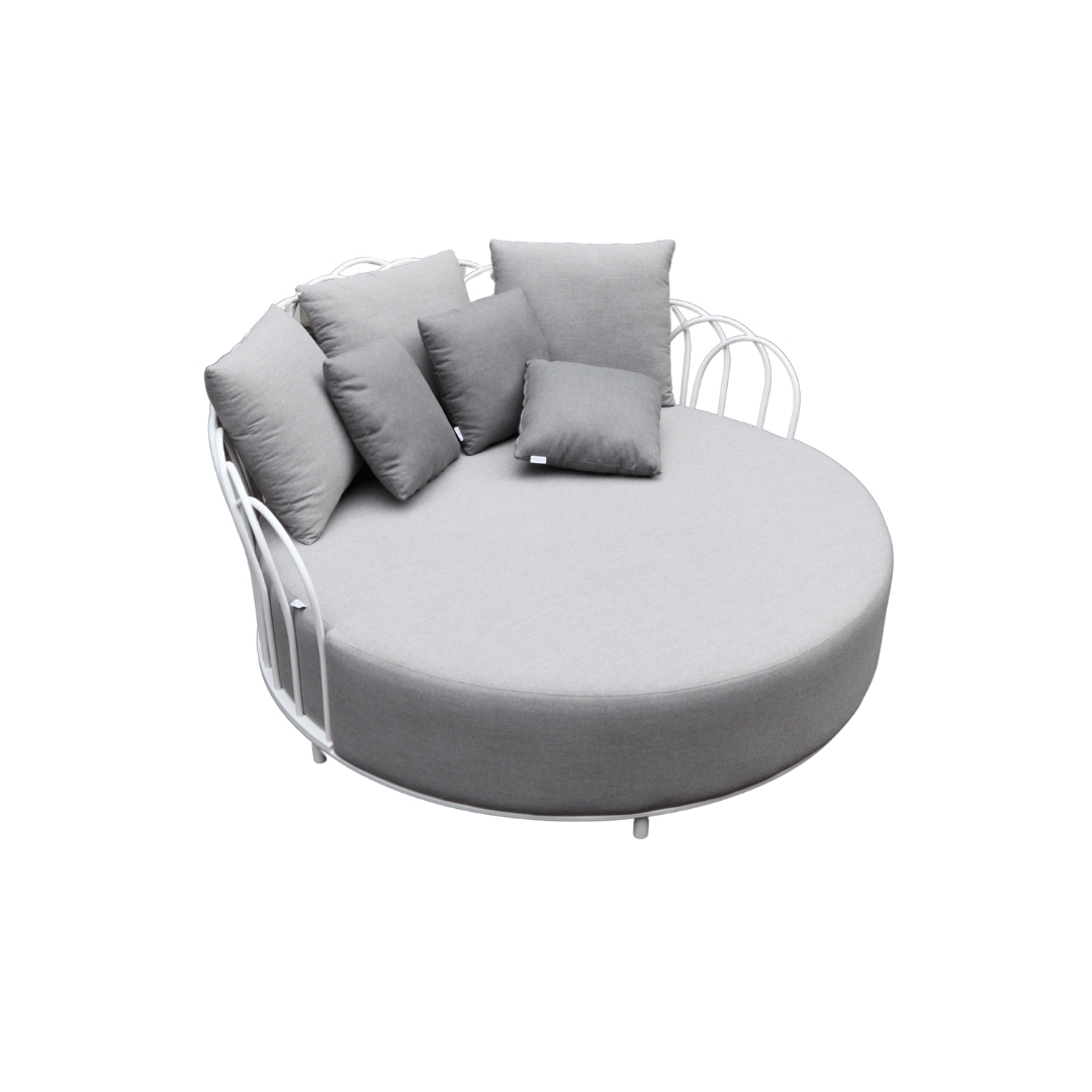 Petal Uzanma Koltuğu Zebrano Outdoor Beyaz Metal Çiçek Motifli Çerçeveli Gri Minderli Yuvarlak Modern Bahçe Mobilyası