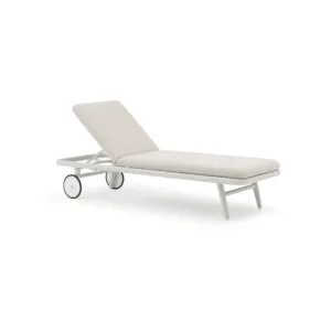 Scoop Chaise Lounge Chair Zebrano Outdoor White Wheeled Modern Garden Furniture with Cream Cushions