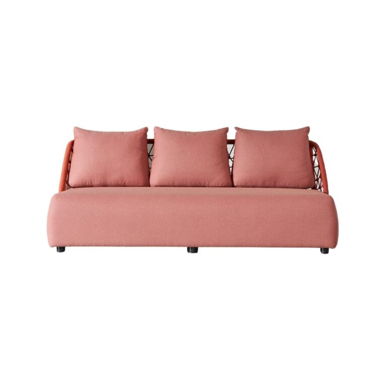 V-Sofa Üçlü Koltuk Zebrano Outdoor Pudra Pembe Kumaş Kaplı Metal Detaylı Modern Bahçe Mobilyası