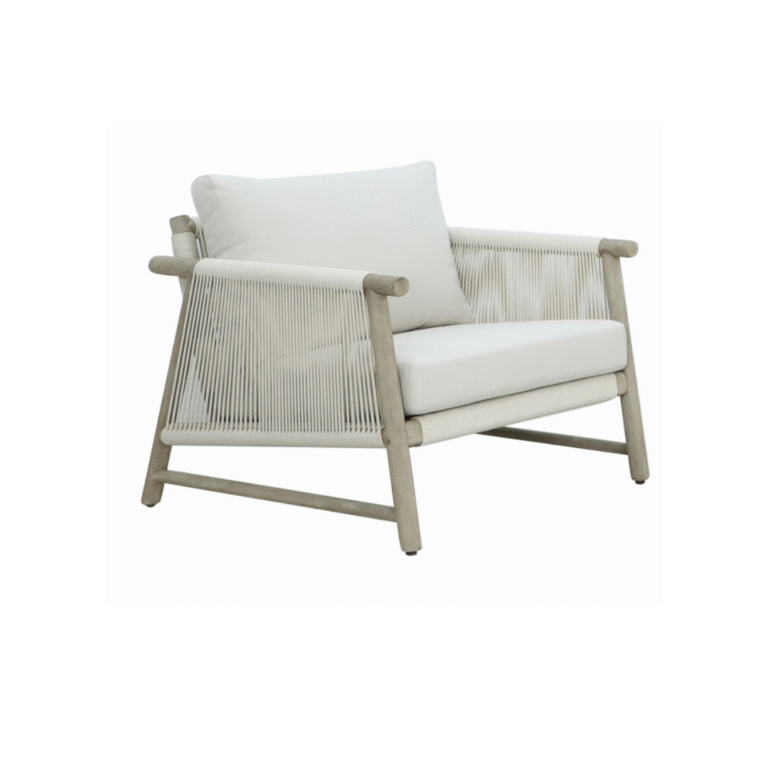 Zulu Single Armchair Zebrano Outdoor Outdoor Wooden Framed Rope Weave Detailed White Cushioned Natural Garden Furniture